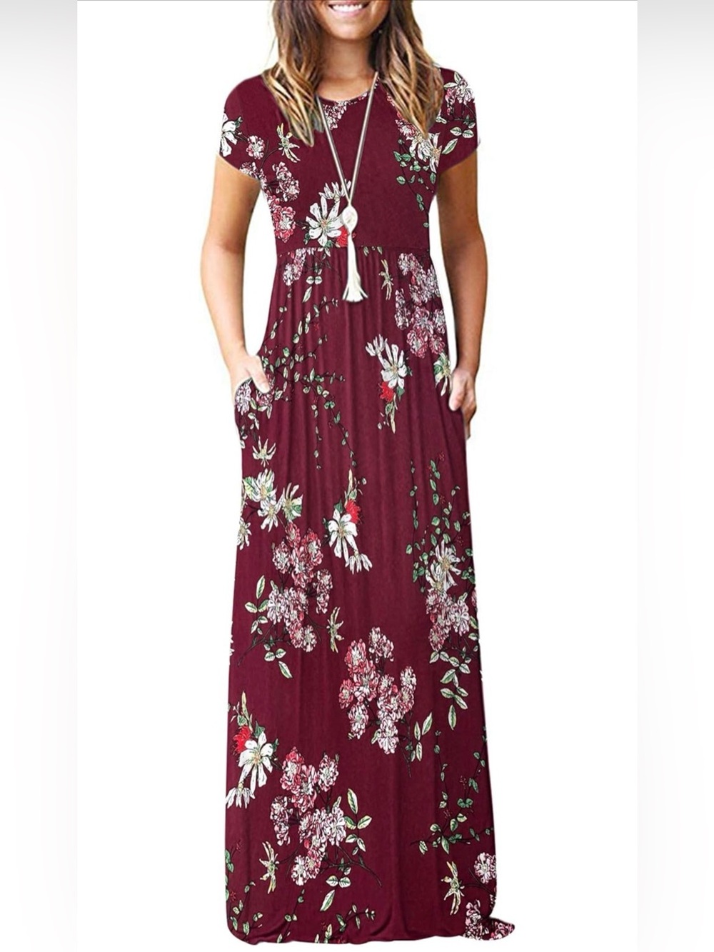 Women's Burgundy Floral Maxi Dress with Short Sleeves